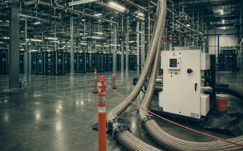 Braided hose run to a control cabinet on a polished plant floor