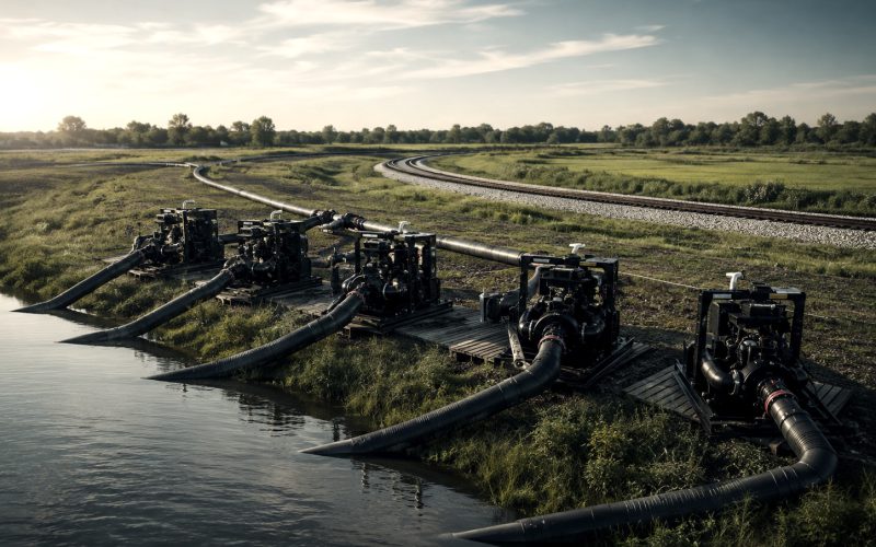 Bank of pump packages drawing from a waterway with discharge hoses running to a bypass line