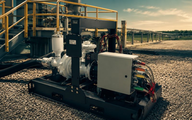 Skid-mounted Patriot pump package with control panel beside a pipeline right-of-way