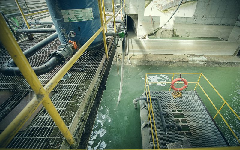 Catwalk over a water basin at an industrial treatment plant